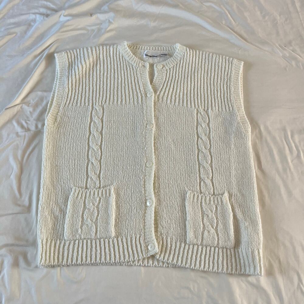 Vtg Y2K 2000s Plus White Cable Knit Cardigan Vest Wmns 2X Cottagecore Fisherman